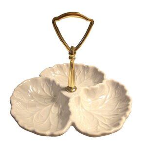 White Haeger 3 Section Divided Dish Lettuce Tidbit Nut Candy w/ Handle 8043H Vtg